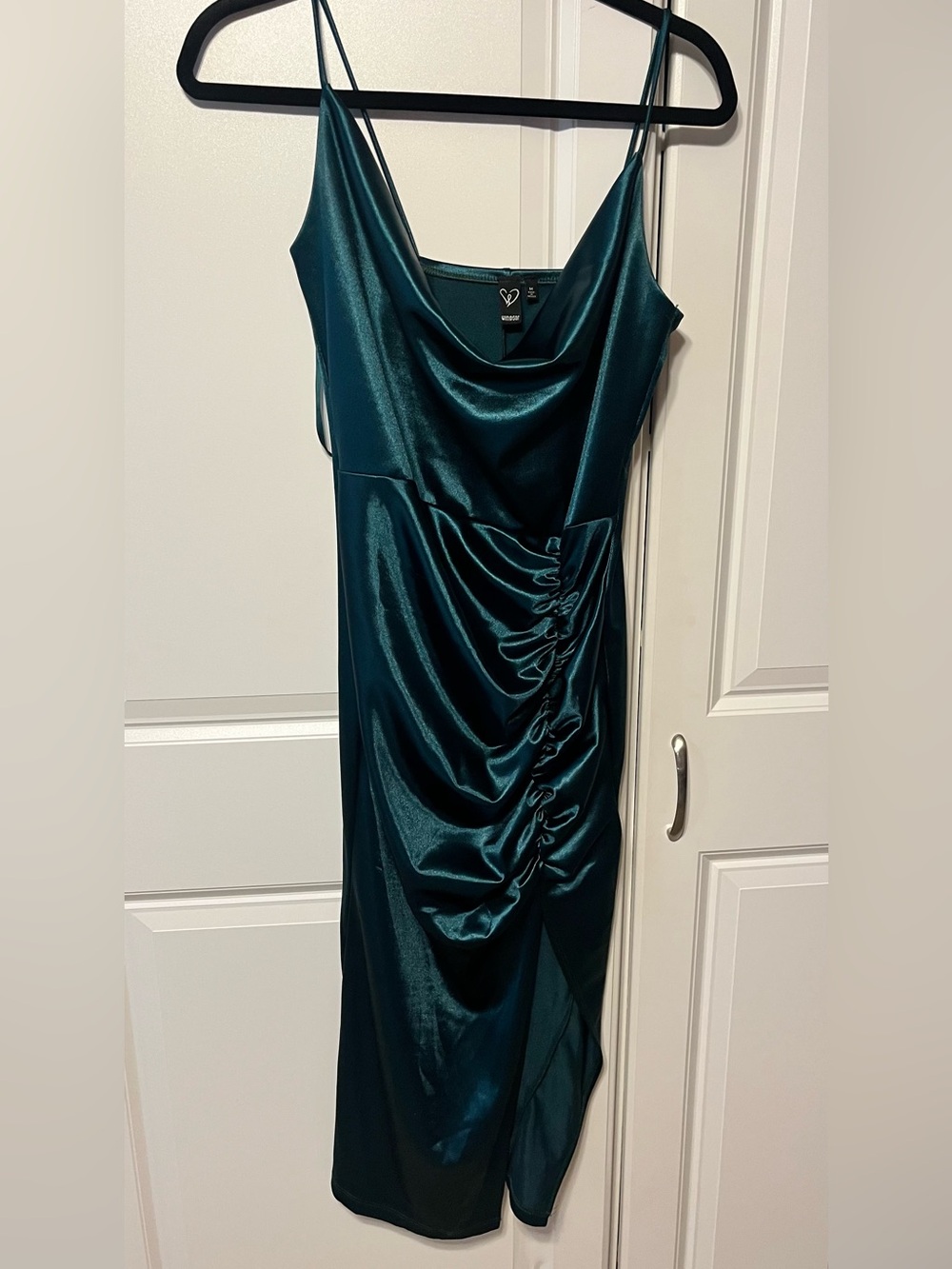 Windsor Teal Satin Cowl Midi Dress with ruched side detail- Medium